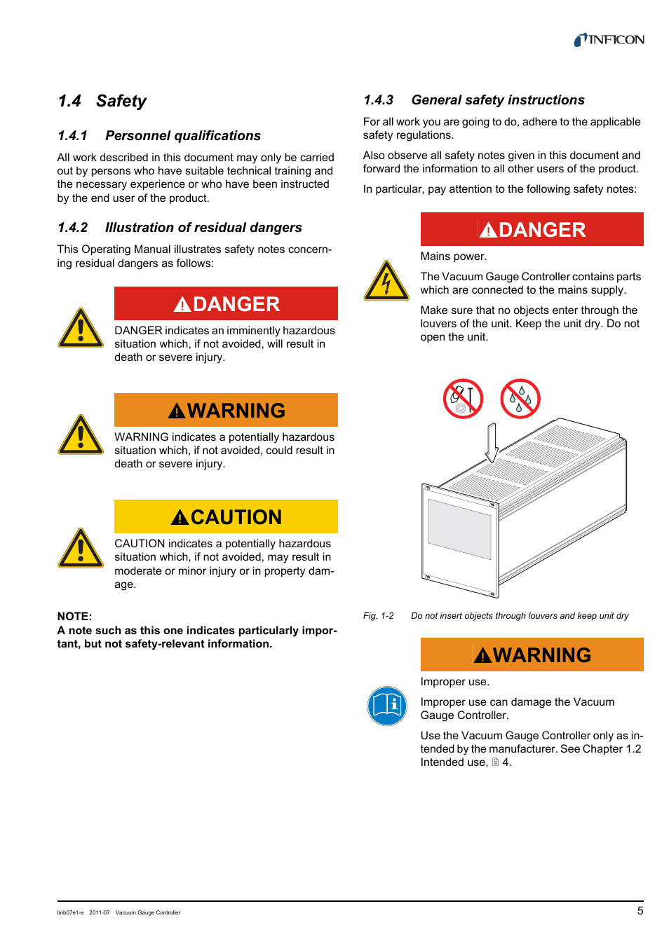 4 safety, 1 personnel qualifications, 2 illustration of residual dangers | 3 general safety instructions, Safety, Personnel qualifications, Illustration of residual dangers, General safety instructions, Danger, Warning | INFICON VGC403 Three-Channel Measurement and Control Unit User Manual | Page 5 / 56
