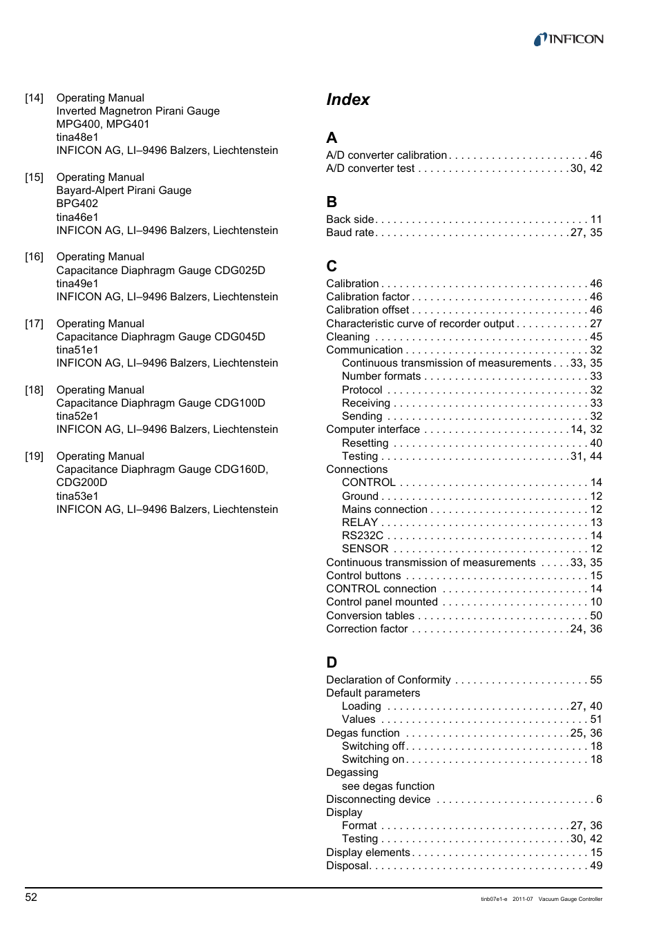 Index, Ence [15 | INFICON VGC403 Three-Channel Measurement and Control Unit User Manual | Page 52 / 56