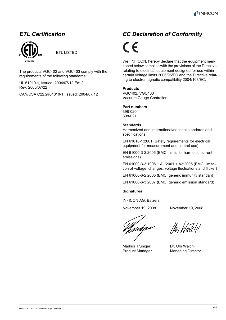Etl certification, Ec declaration of conformity, Declaration of conformity | INFICON VGC403 Three-Channel Measurement and Control Unit User Manual | Page 55 / 56