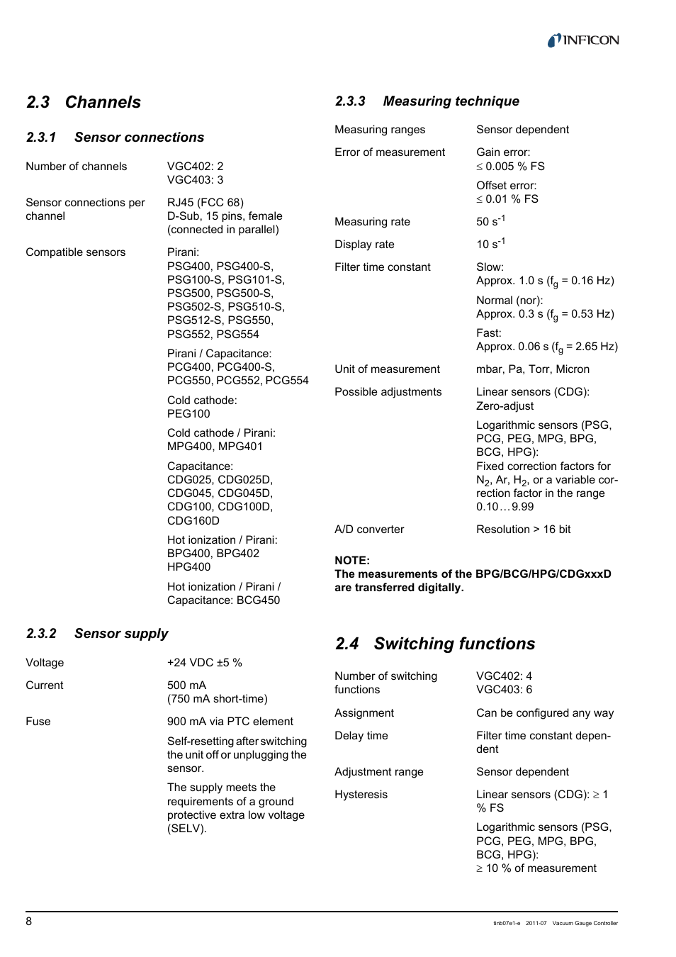 3 channels, 1 sensor connections, 2 sensor supply | 3 measuring technique, 4 switching functions, Channels, Sensor connections, Sensor supply, Measuring technique, Switching functions | INFICON VGC403 Three-Channel Measurement and Control Unit User Manual | Page 8 / 56