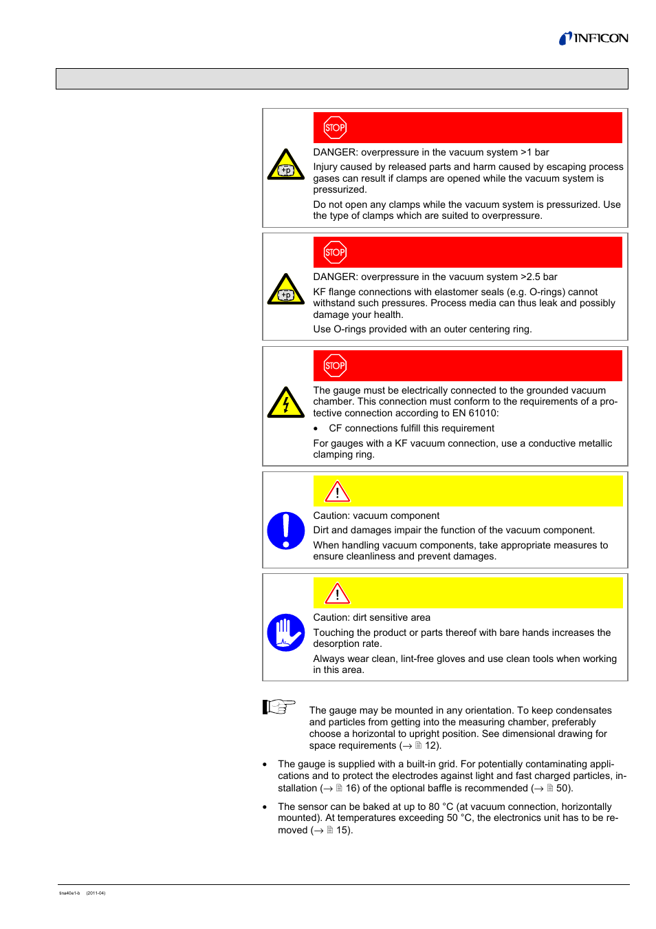 3 installation, 1 vacuum connection, Danger | Caution | INFICON BCG450 ATM to Ultra-High Vacuum Triple Gauge User Manual | Page 13 / 60