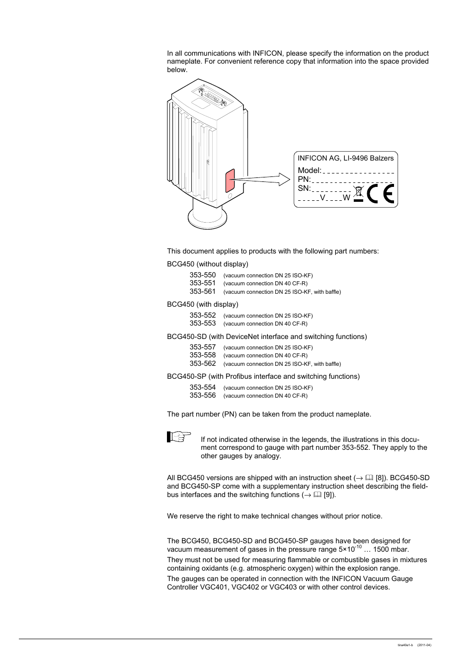 Product identification validity intended use | INFICON BCG450 ATM to Ultra-High Vacuum Triple Gauge User Manual | Page 2 / 60