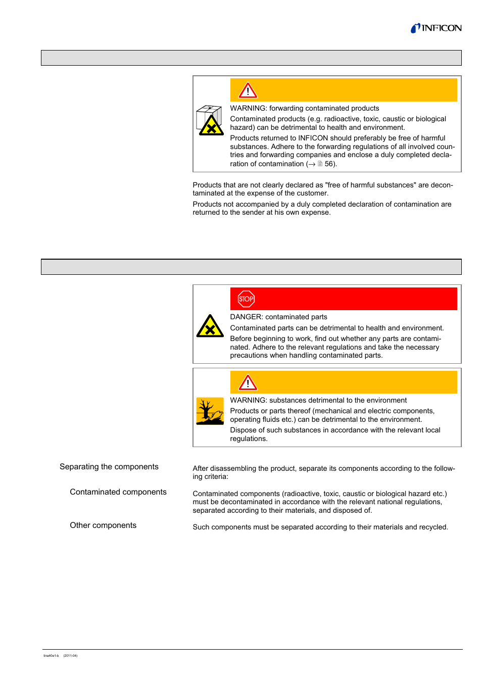 10 returning the product, 11 disposal, Warning | Danger | INFICON BCG450 ATM to Ultra-High Vacuum Triple Gauge User Manual | Page 51 / 60