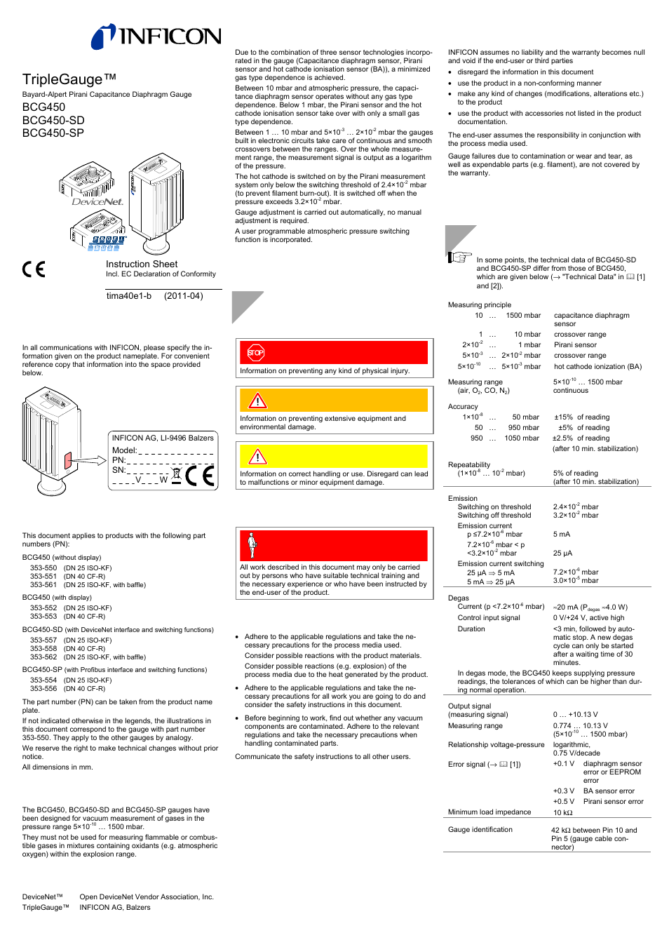 INFICON BCG450 ATM to Ultra-High Vacuum Triple Gauge User Manual | 4 pages
