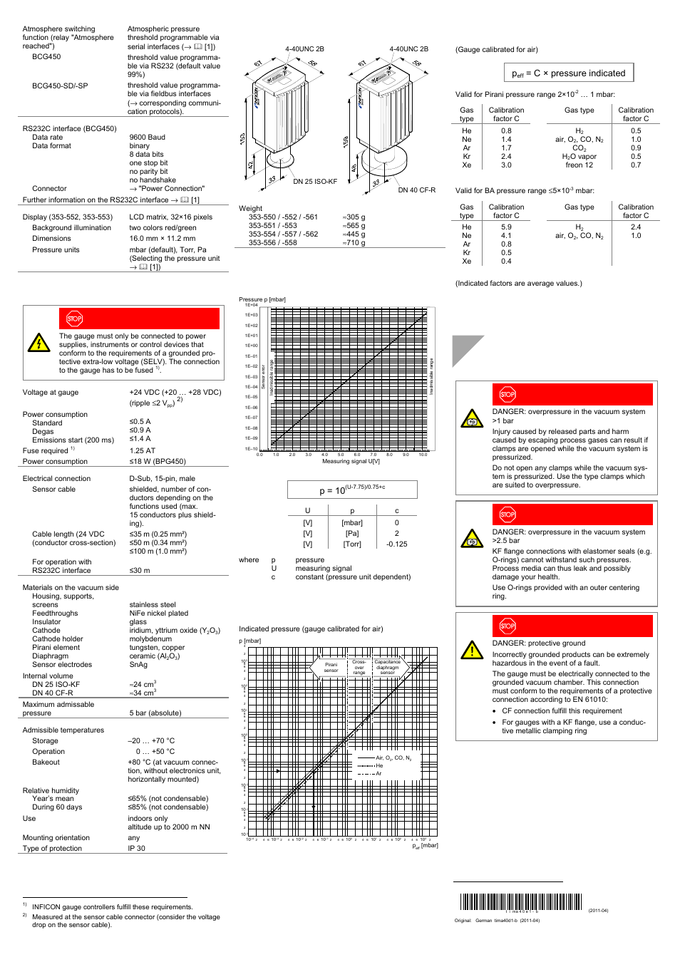 Installation, Measuring signal vs. pressure, Gas type dependence | Vacuum connection, P = 10, C × pressure indicated | INFICON BCG450 ATM to Ultra-High Vacuum Triple Gauge User Manual | Page 2 / 4
