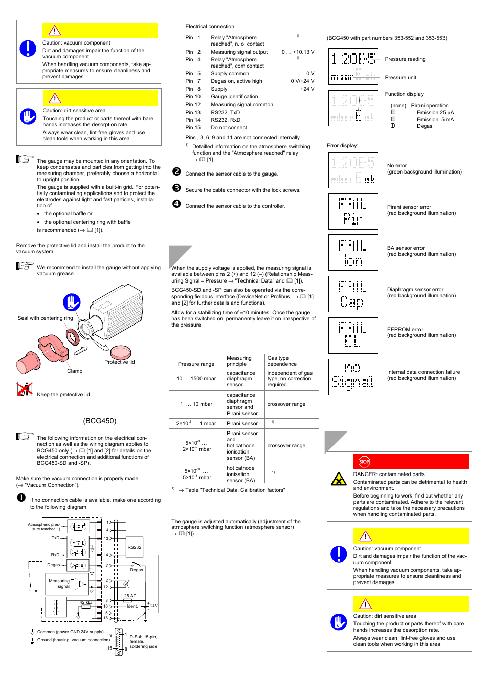 Operation, Deinstallation, Power connection (bcg450) | Gas type dependence, Adjusting the gauge, Display | INFICON BCG450 ATM to Ultra-High Vacuum Triple Gauge User Manual | Page 3 / 4