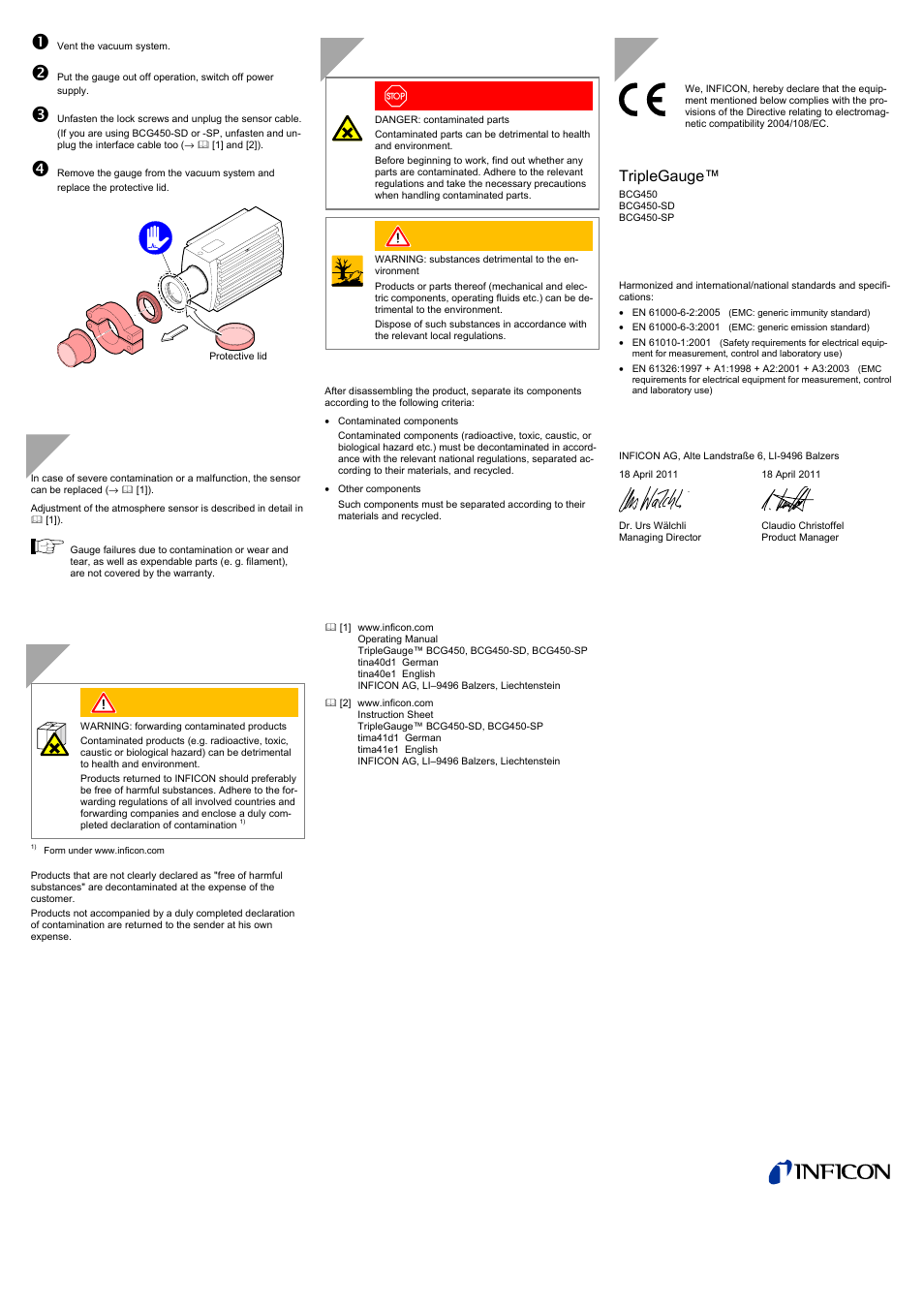 Maintenance, troubleshooting, Returning the product, Disposal | Further information, Ec declaration of conformity, Triplegauge | INFICON BCG450 ATM to Ultra-High Vacuum Triple Gauge User Manual | Page 4 / 4
