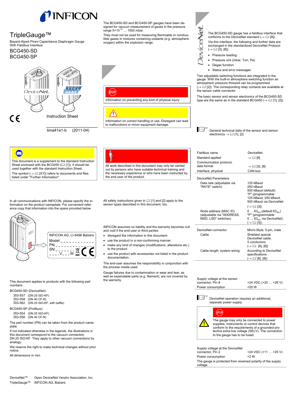 INFICON BCG450-SP ATM to Ultra-High Vacuum Triple Gauge (Profibus) User Manual | 4 pages