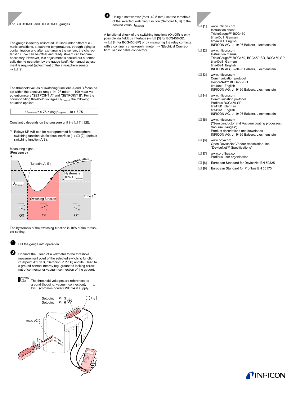Adjustment and settings, Further information, Adjusting the gauge | Setting the switching functions | INFICON BCG450-SP ATM to Ultra-High Vacuum Triple Gauge (Profibus) User Manual | Page 4 / 4