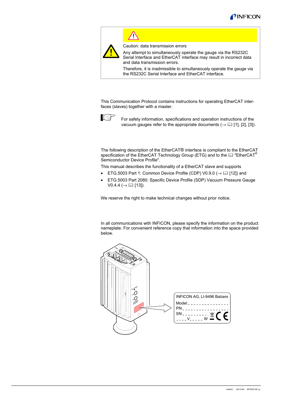 INFICON BPG402-SE ATM to Ultra-High Vacuum Gauge (EtherCAT) User Manual | Page 2 / 34