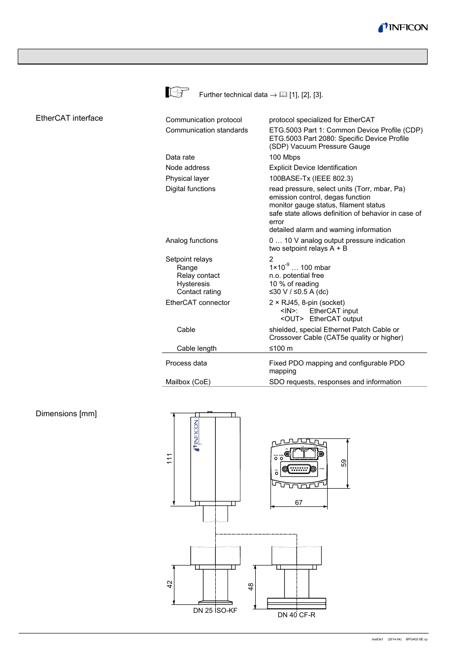 1 technical data, Ethercat interface dimensions [mm | INFICON BPG402-SE ATM to Ultra-High Vacuum Gauge (EtherCAT) User Manual | Page 6 / 34