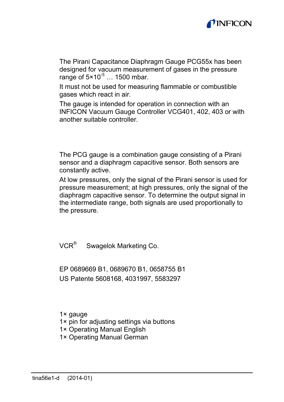 Intended use, Functional principle, Trademark | Patents, Scope of delivery | INFICON PCG55x ATM to Medium Vacuum Gauge User Manual | Page 5 / 72