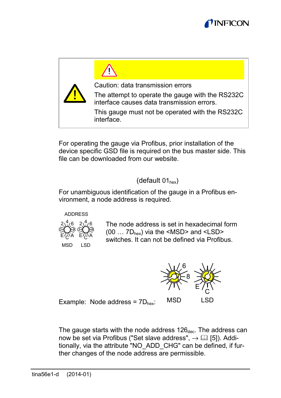 7 profibus operation, Node address setting (default | INFICON PCG55x ATM to Medium Vacuum Gauge User Manual | Page 53 / 72