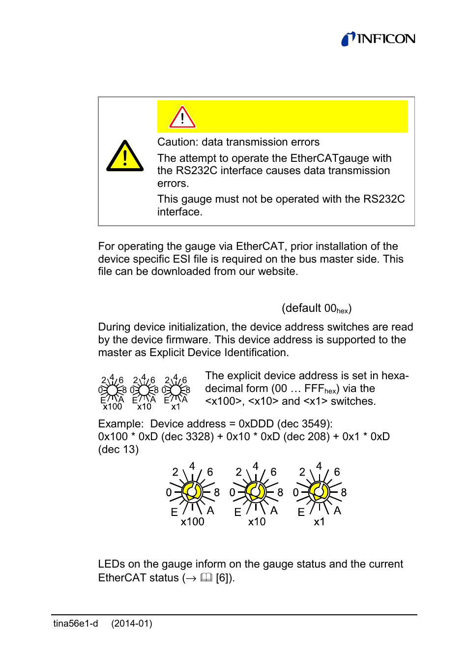 8 ethercat operation, Explicit device address setting (default, Status led | INFICON PCG55x ATM to Medium Vacuum Gauge User Manual | Page 55 / 72