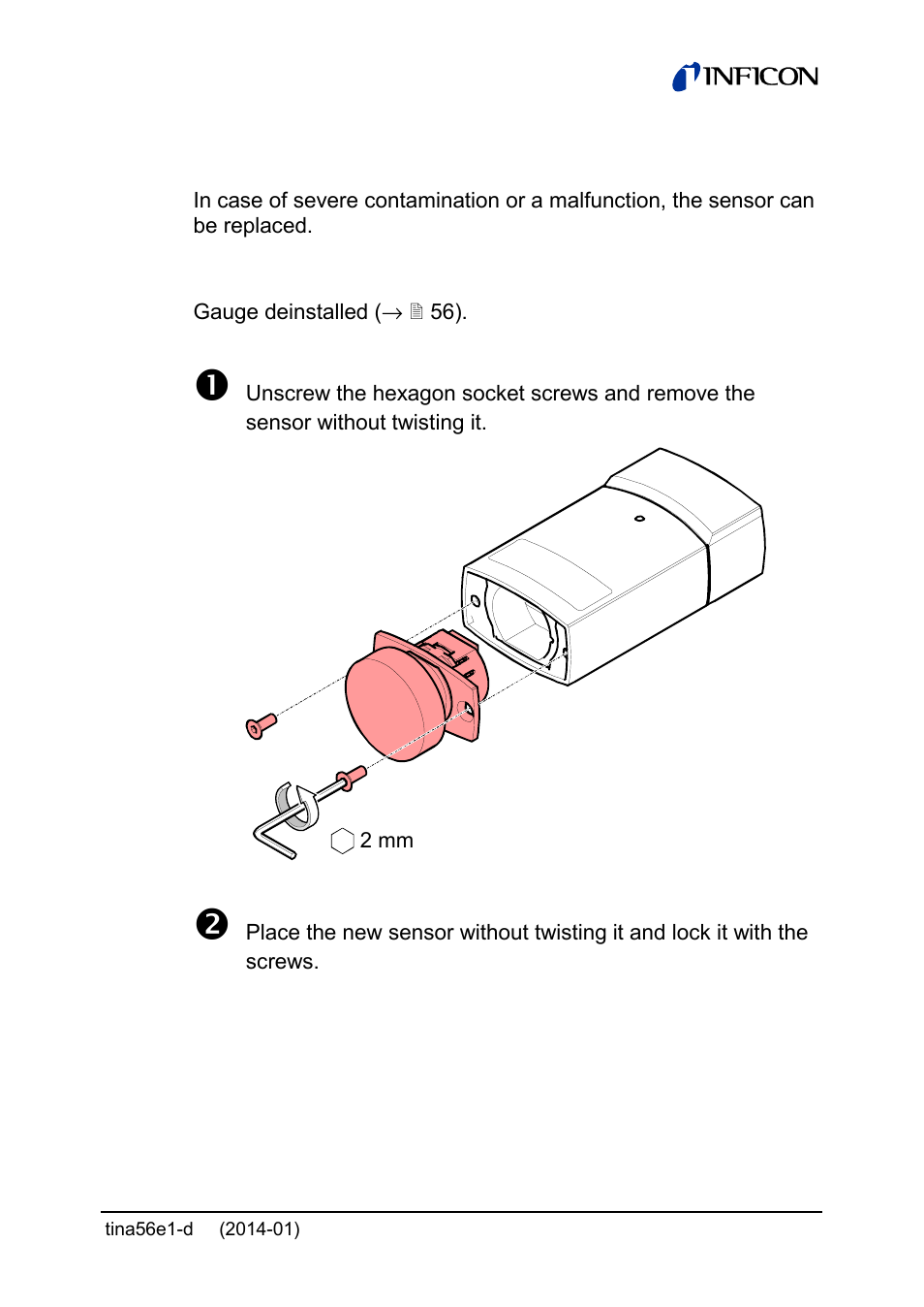 3 replacing the sensor | INFICON PCG55x ATM to Medium Vacuum Gauge User Manual | Page 61 / 72