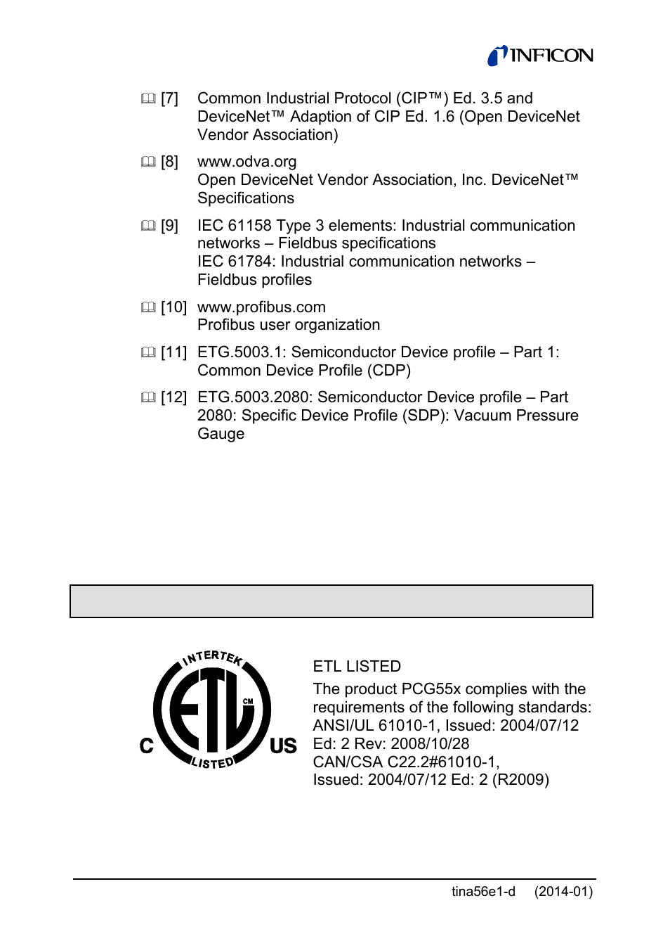 Etl certification | INFICON PCG55x ATM to Medium Vacuum Gauge User Manual | Page 70 / 72