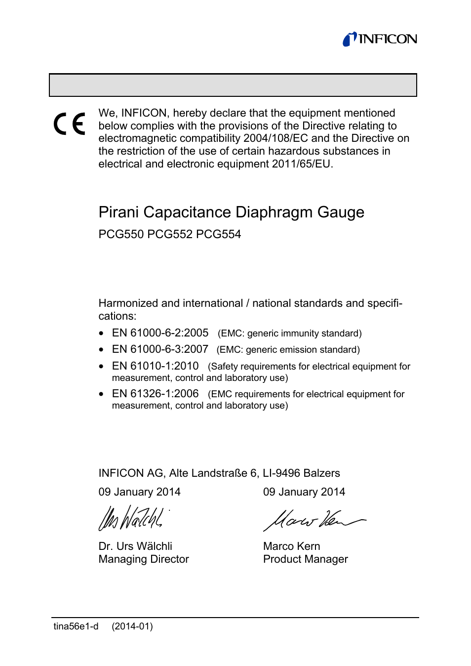 Ec declaration of conformity, Pirani capacitance diaphragm gauge | INFICON PCG55x ATM to Medium Vacuum Gauge User Manual | Page 71 / 72