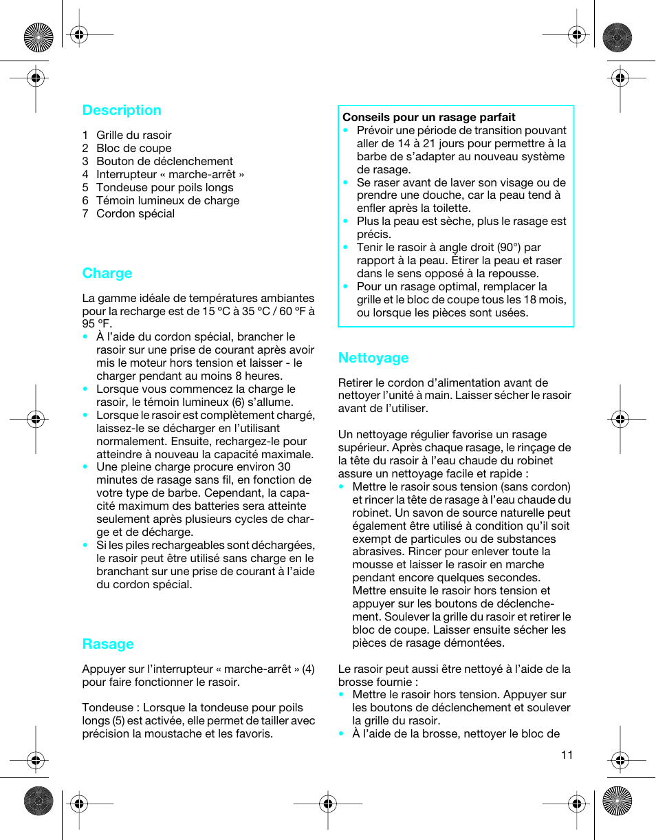 Description, Charge, Rasage | Nettoyage | Braun 4745 User Manual | Page 11 / 17