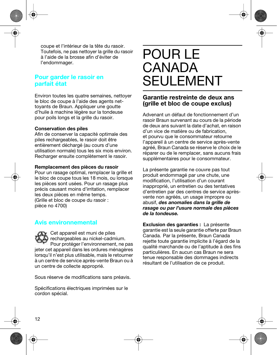 Pour le canada seulement | Braun 4745 User Manual | Page 12 / 17