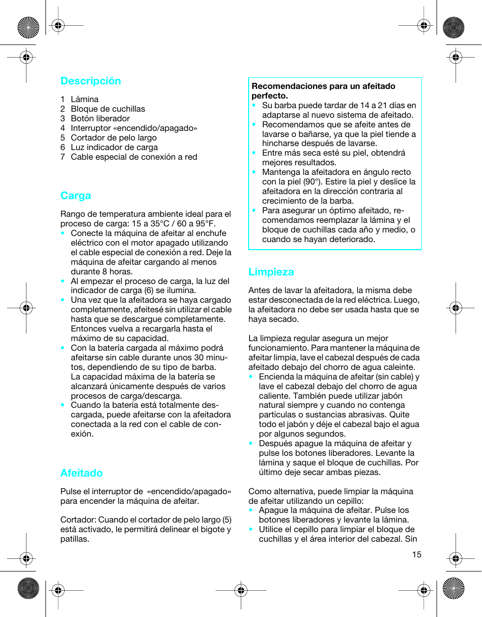 Descripción, Carga, Afeitado | Limpieza | Braun 4745 User Manual | Page 15 / 17