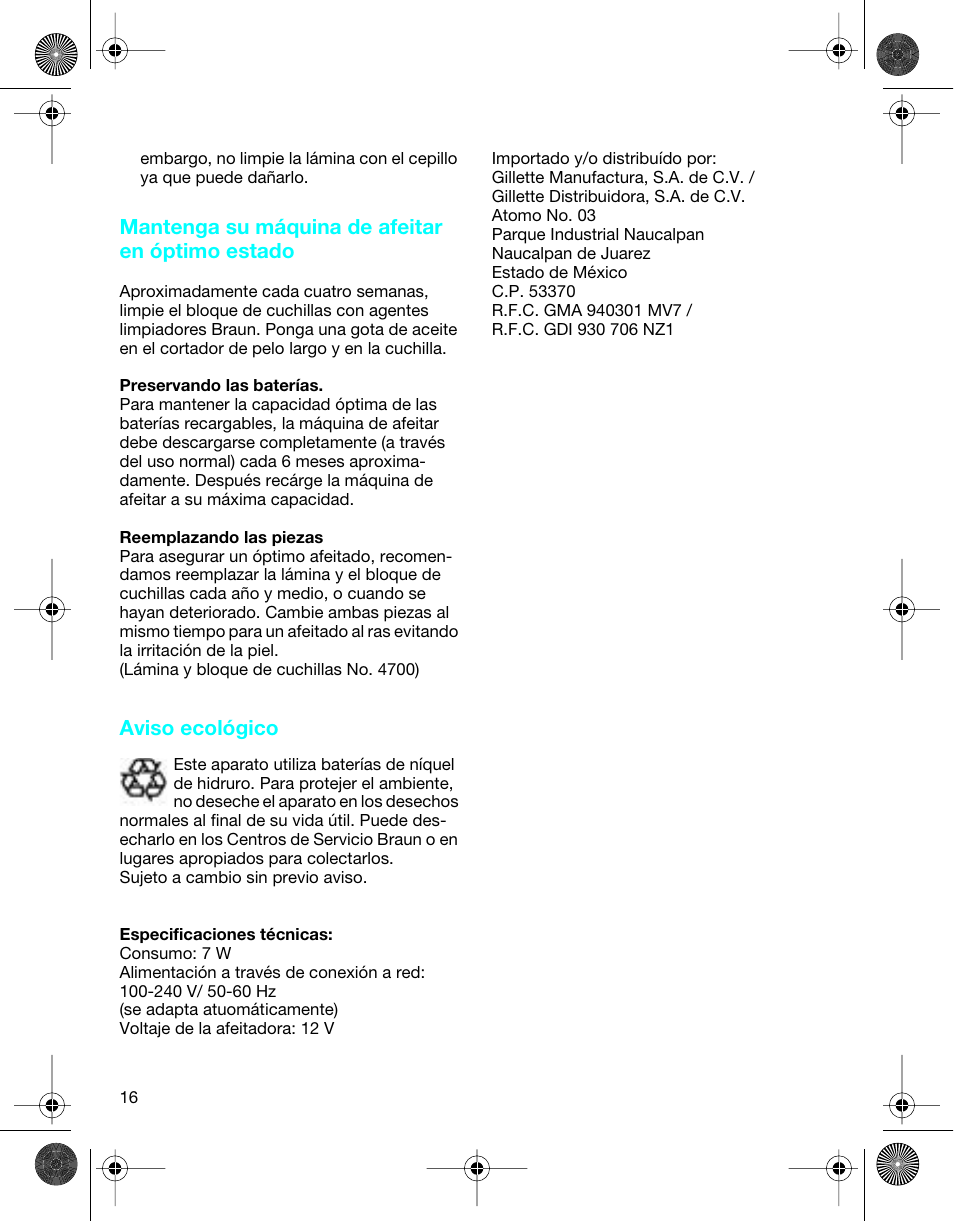 Mantenga su máquina de afeitar en óptimo estado, Aviso ecológico | Braun 4745 User Manual | Page 16 / 17