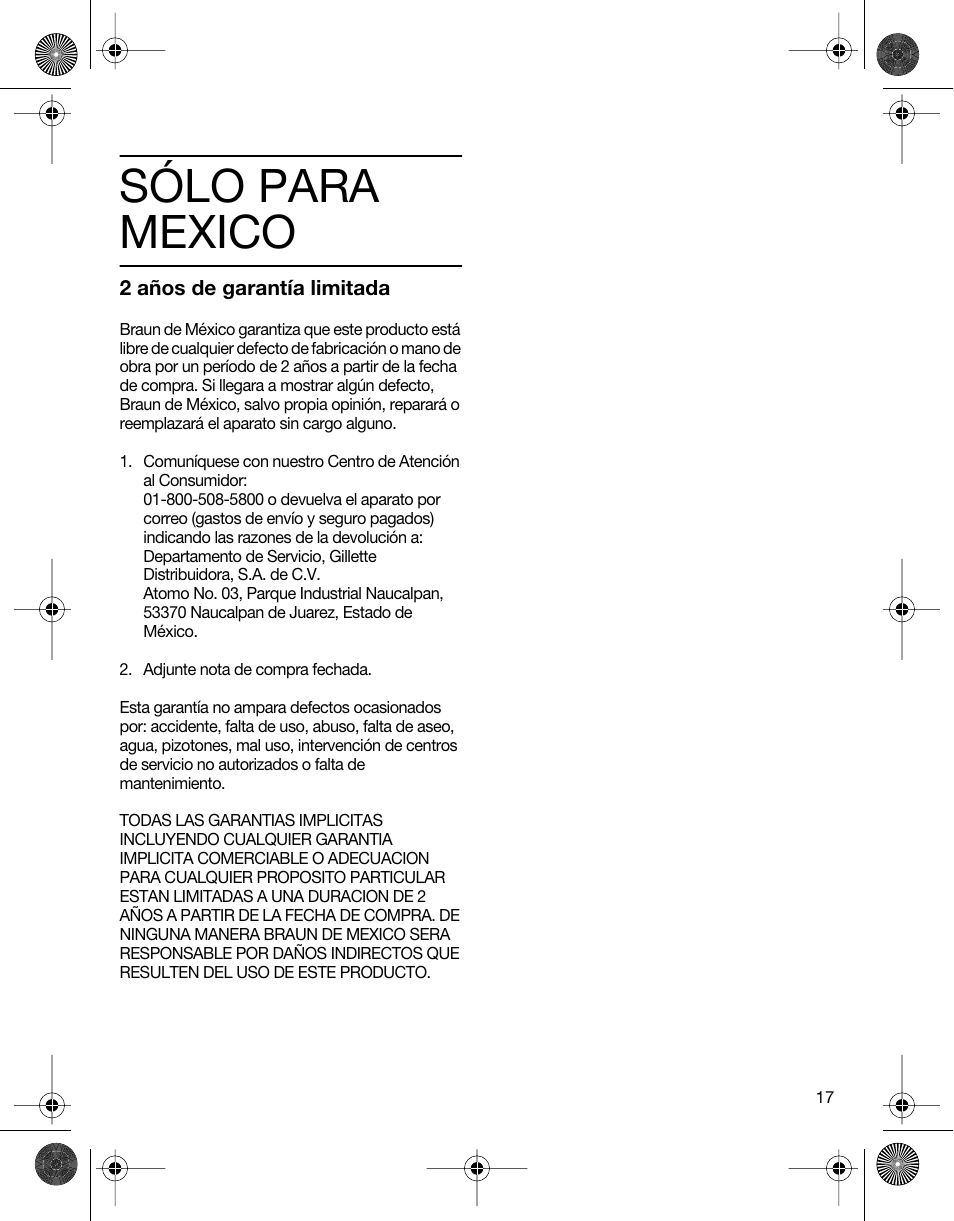 Sólo para mexico | Braun 4745 User Manual | Page 17 / 17