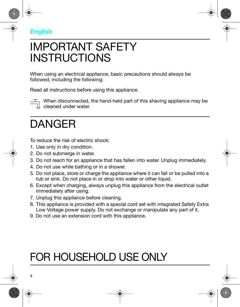 Important safety instructions, Danger, For household use only | Braun 4745 User Manual | Page 4 / 17