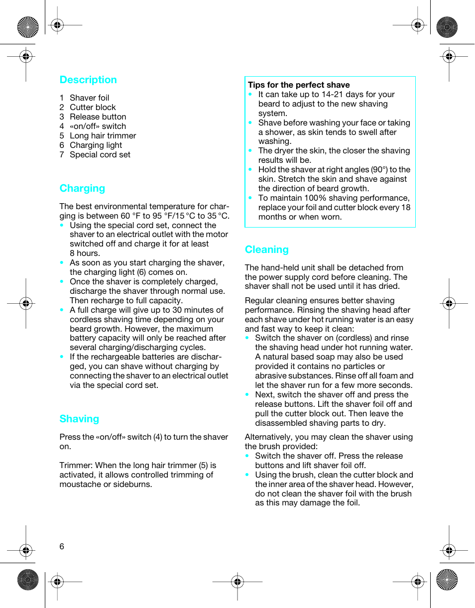 Description, Charging, Shaving | Cleaning | Braun 4745 User Manual | Page 6 / 17