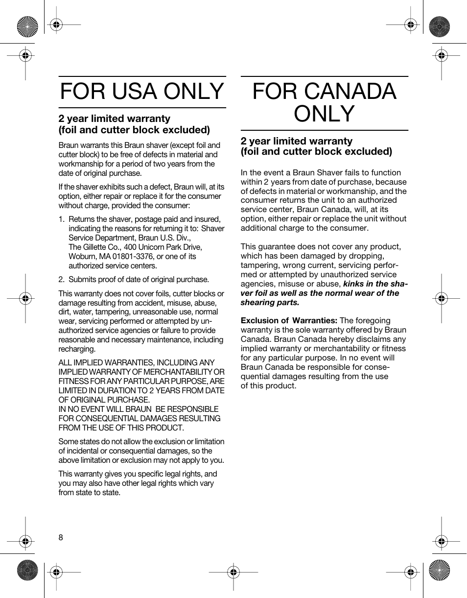 For usa only, For canada only | Braun 4745 User Manual | Page 8 / 17