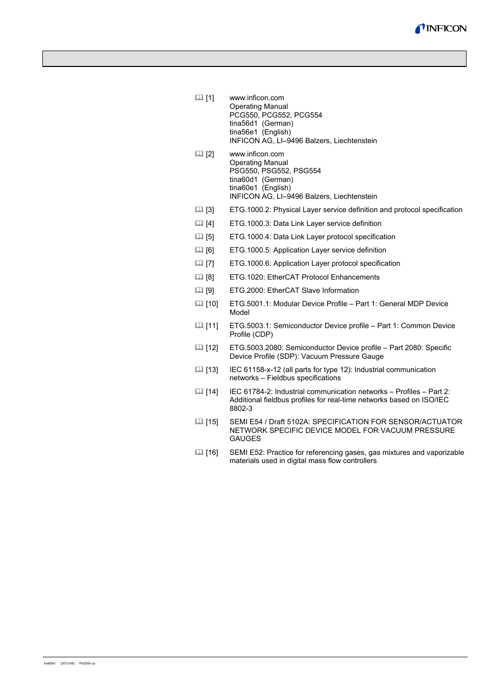 Appendix, A: literature | INFICON PSG55x ATM to Medium Vacuum Gauge (EtherCAT) User Manual | Page 57 / 58