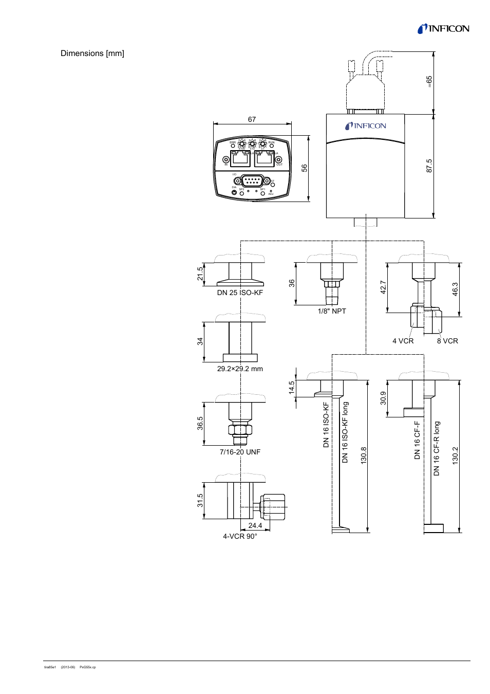 Dimensions [mm | INFICON PSG55x ATM to Medium Vacuum Gauge (EtherCAT) User Manual | Page 7 / 58