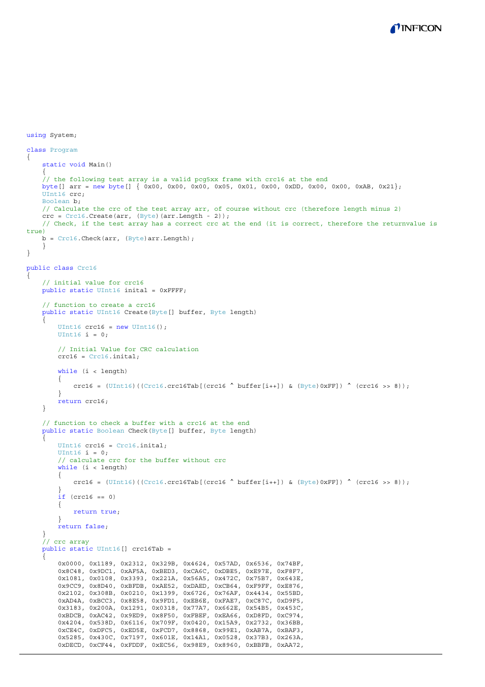 Calculating crc crc example code | INFICON PSG55x ATM to Medium Vacuum Gauge (RS232C / RS485C) User Manual | Page 10 / 12