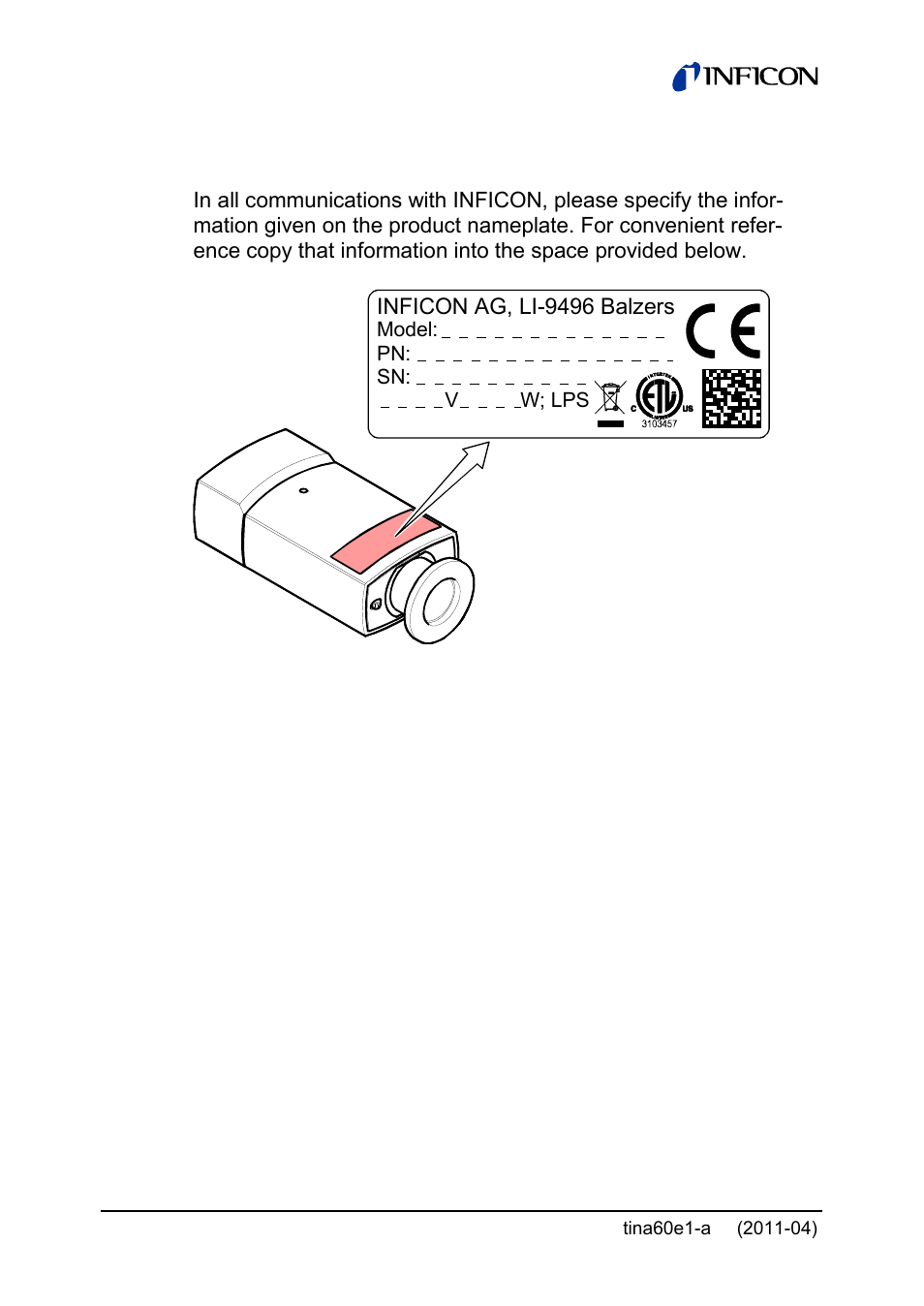 Product identification | INFICON PSG55x ATM to Medium Vacuum Gauge User Manual | Page 2 / 64