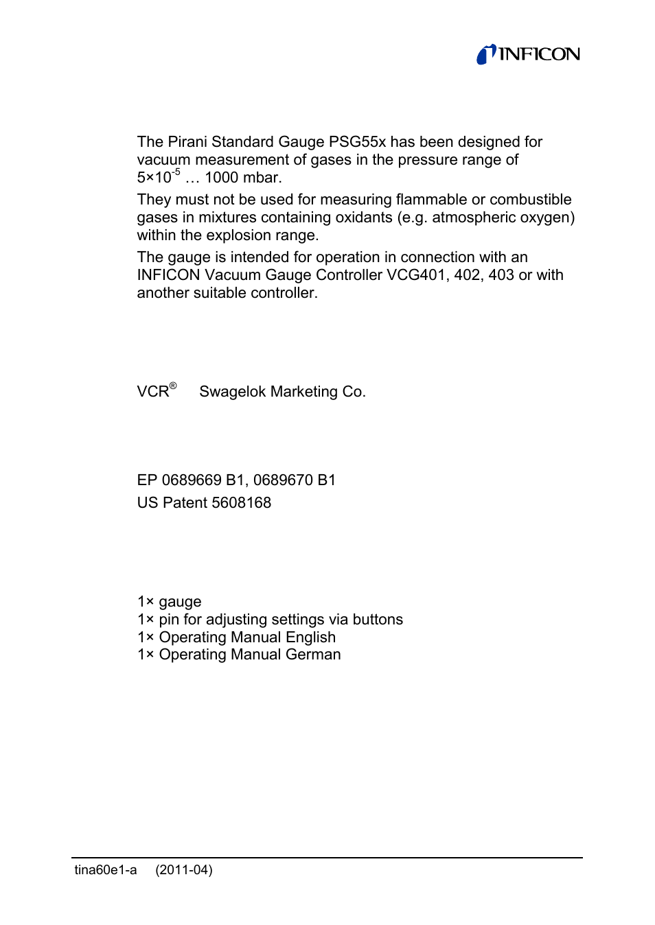 Intended use, Trademark, Patents | Scope of delivery | INFICON PSG55x ATM to Medium Vacuum Gauge User Manual | Page 5 / 64