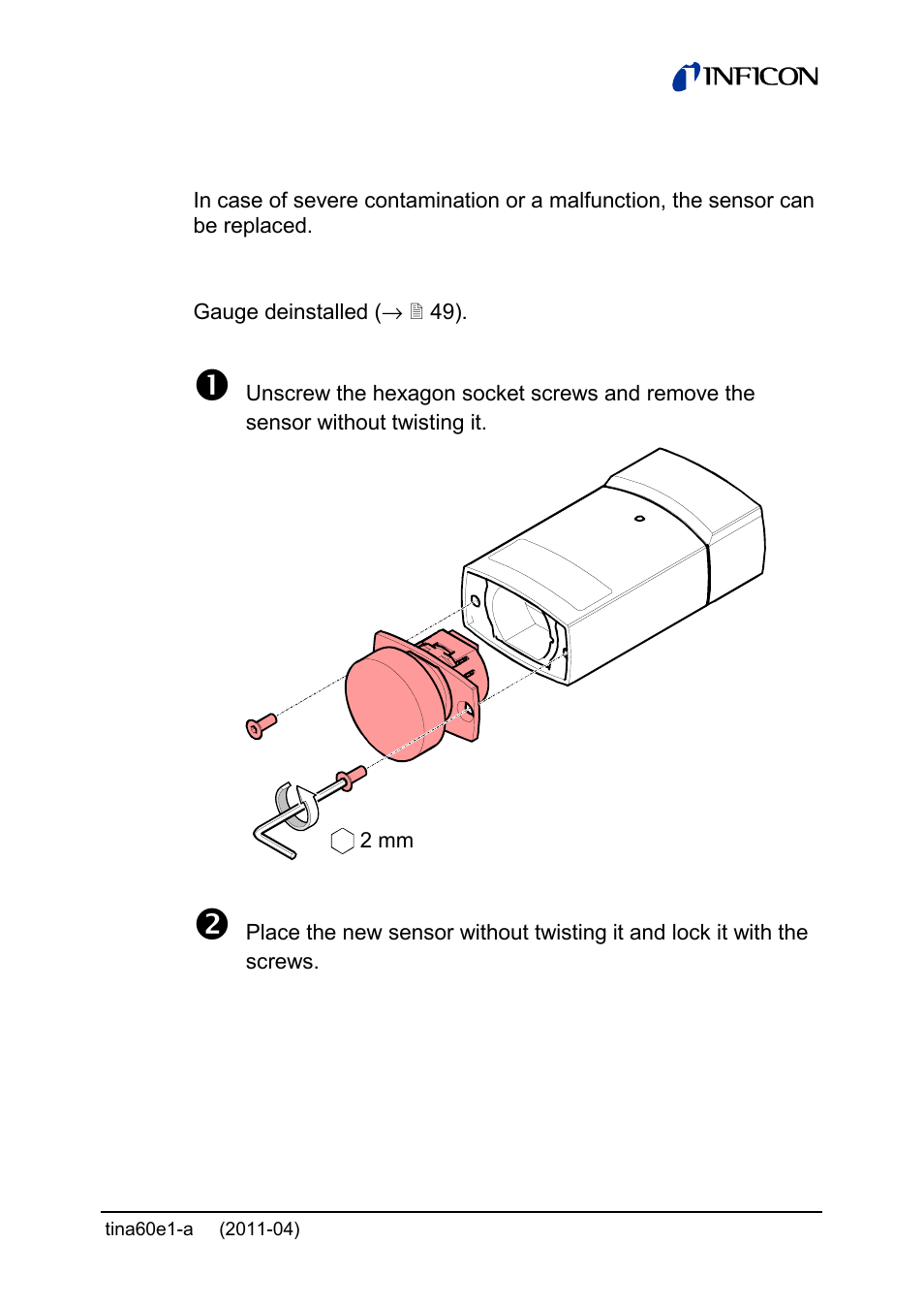 2 replacing the sensor | INFICON PSG55x ATM to Medium Vacuum Gauge User Manual | Page 53 / 64