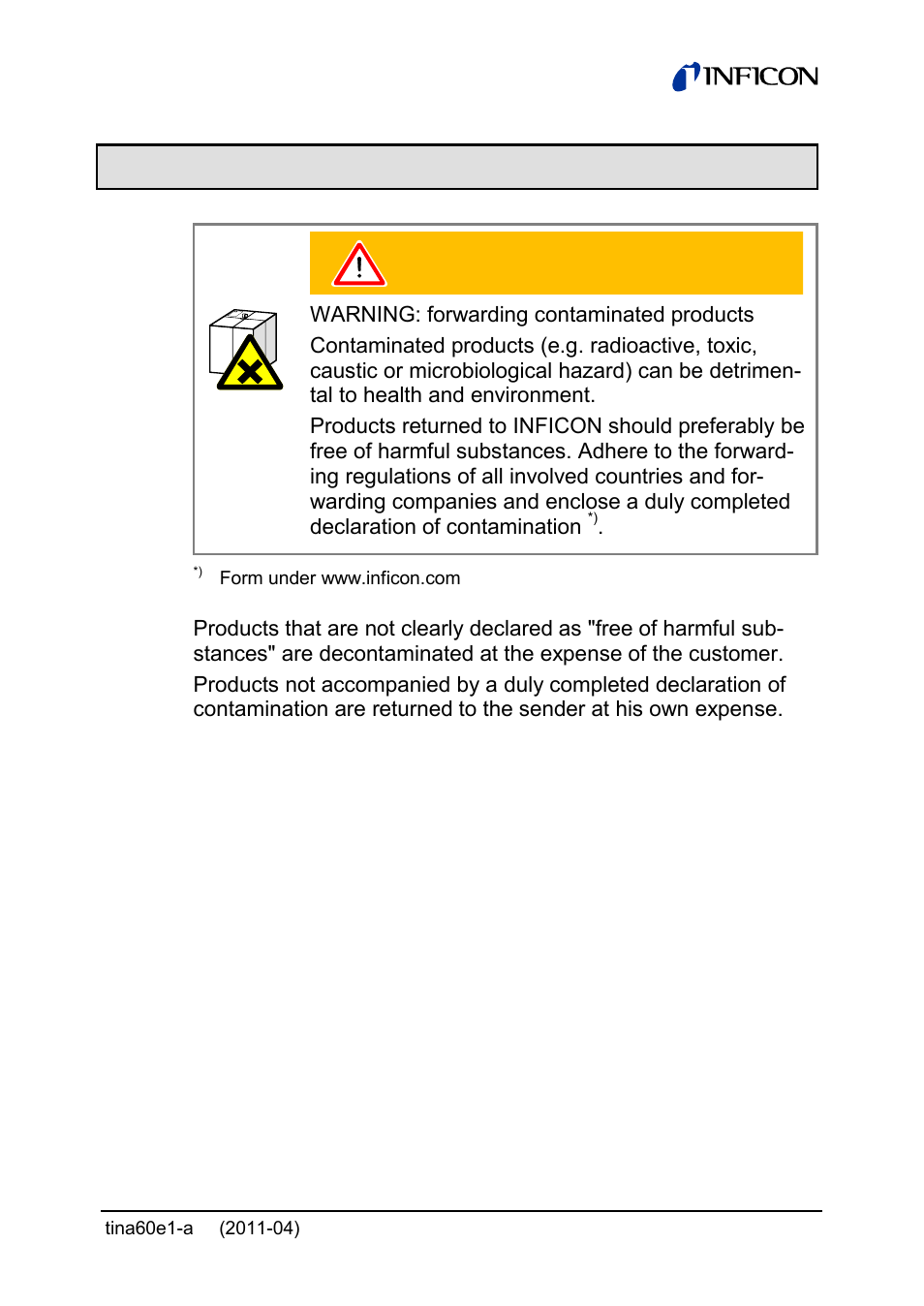 7returning the product | INFICON PSG55x ATM to Medium Vacuum Gauge User Manual | Page 55 / 64