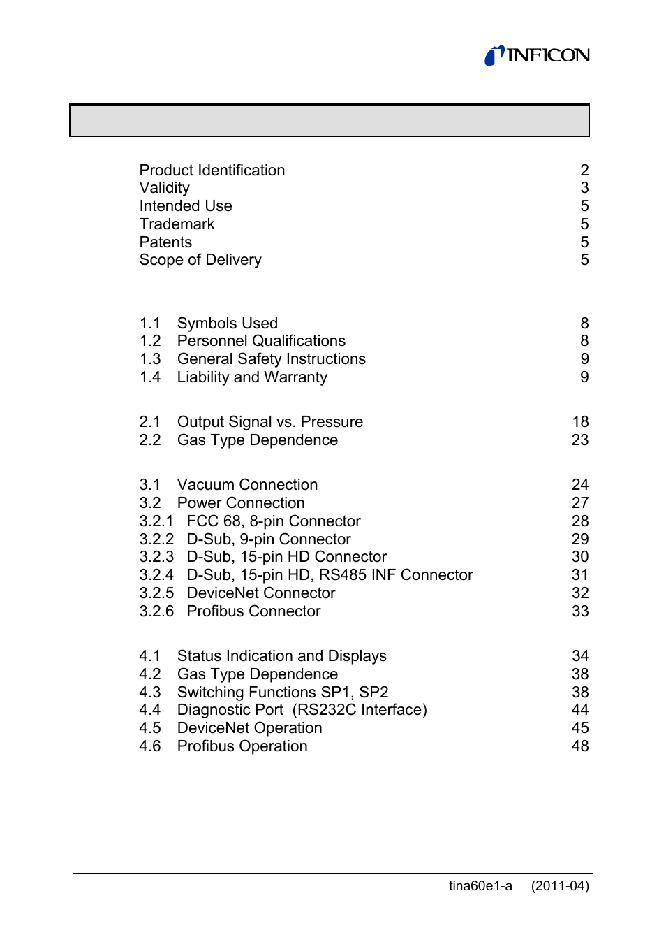 INFICON PSG55x ATM to Medium Vacuum Gauge User Manual | Page 6 / 64