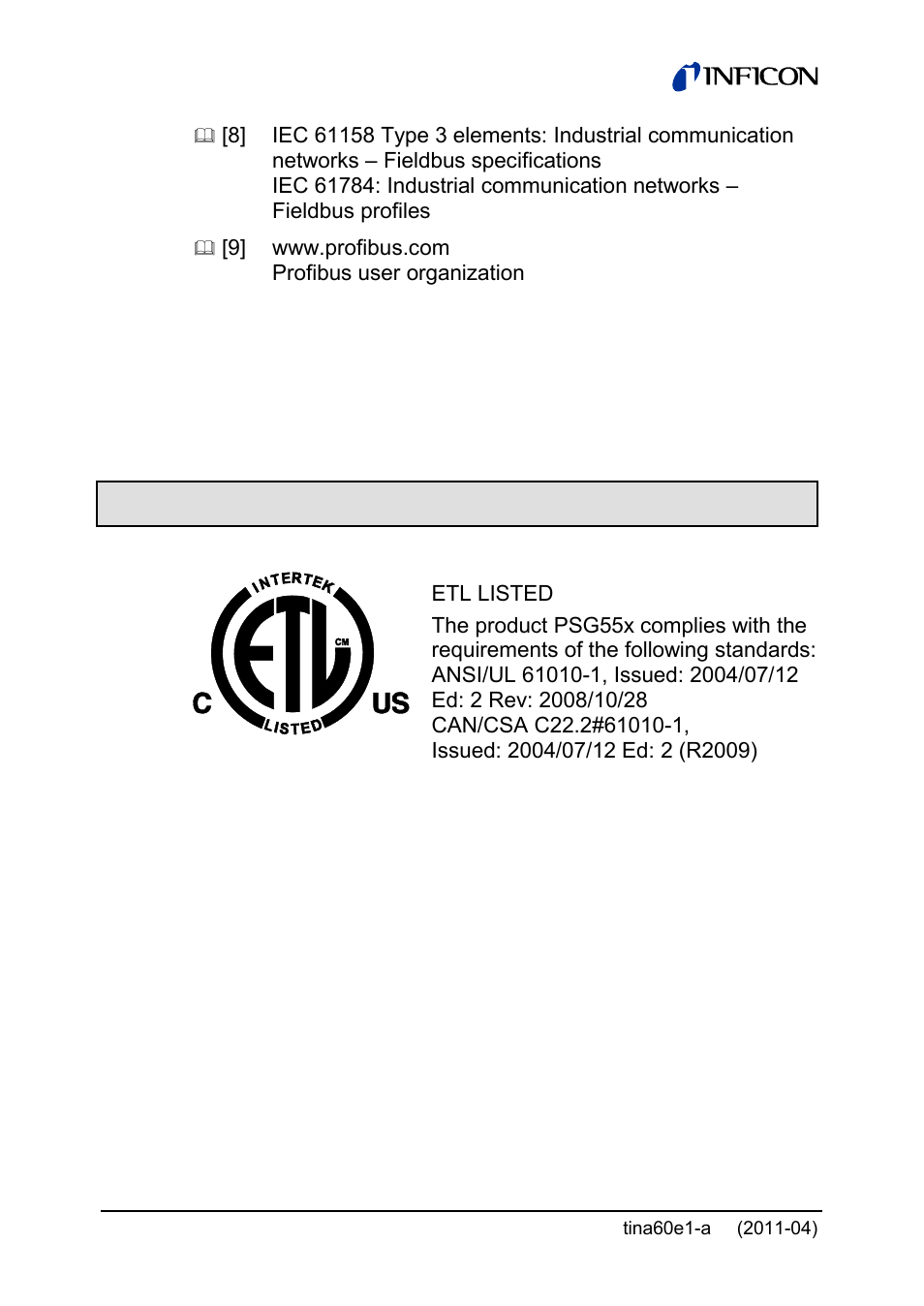 Etl certification | INFICON PSG55x ATM to Medium Vacuum Gauge User Manual | Page 62 / 64