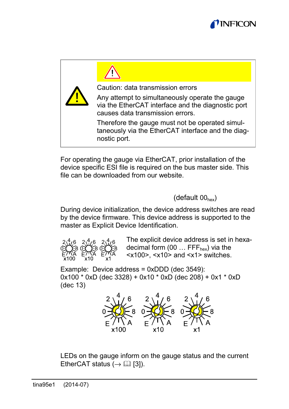 8 ethercat operation, Explicit device address setting (default, Status led | INFICON Stripe CDG100Dhs 0.1 ... 1000Torr / mbar User Manual | Page 37 / 48