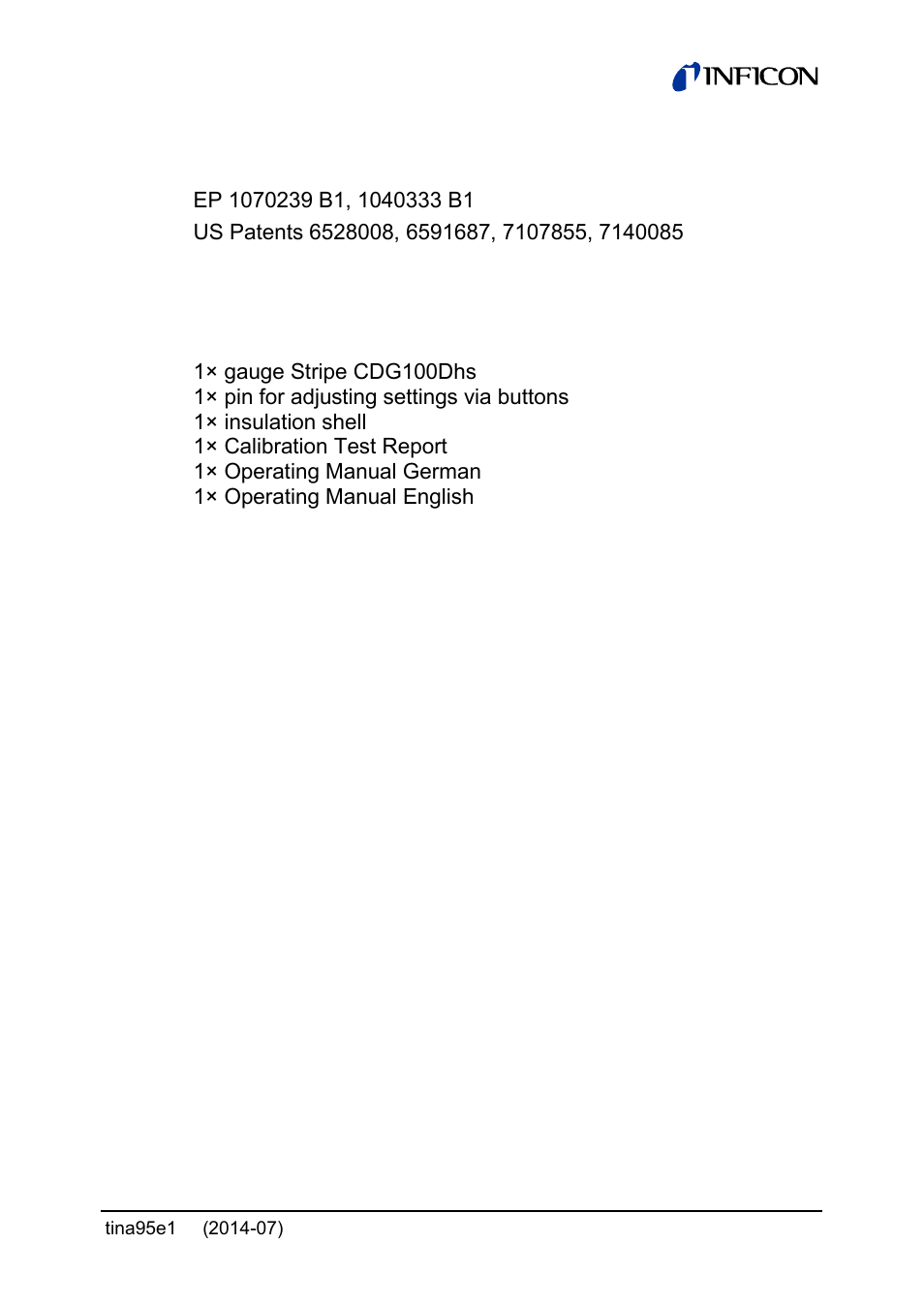 Patents, Scope of delivery | INFICON Stripe CDG100Dhs 0.1 ... 1000Torr / mbar User Manual | Page 5 / 48