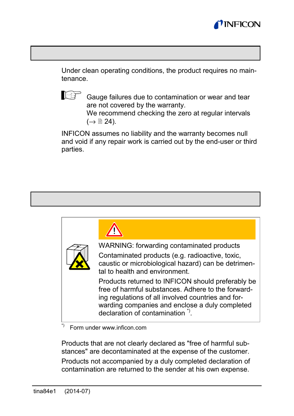 6 maintenance, repair, 7returning the product | INFICON Stripe CDG045Dhs 0.01 ... 1000Torr / mbar, new 10mTorr User Manual | Page 39 / 44