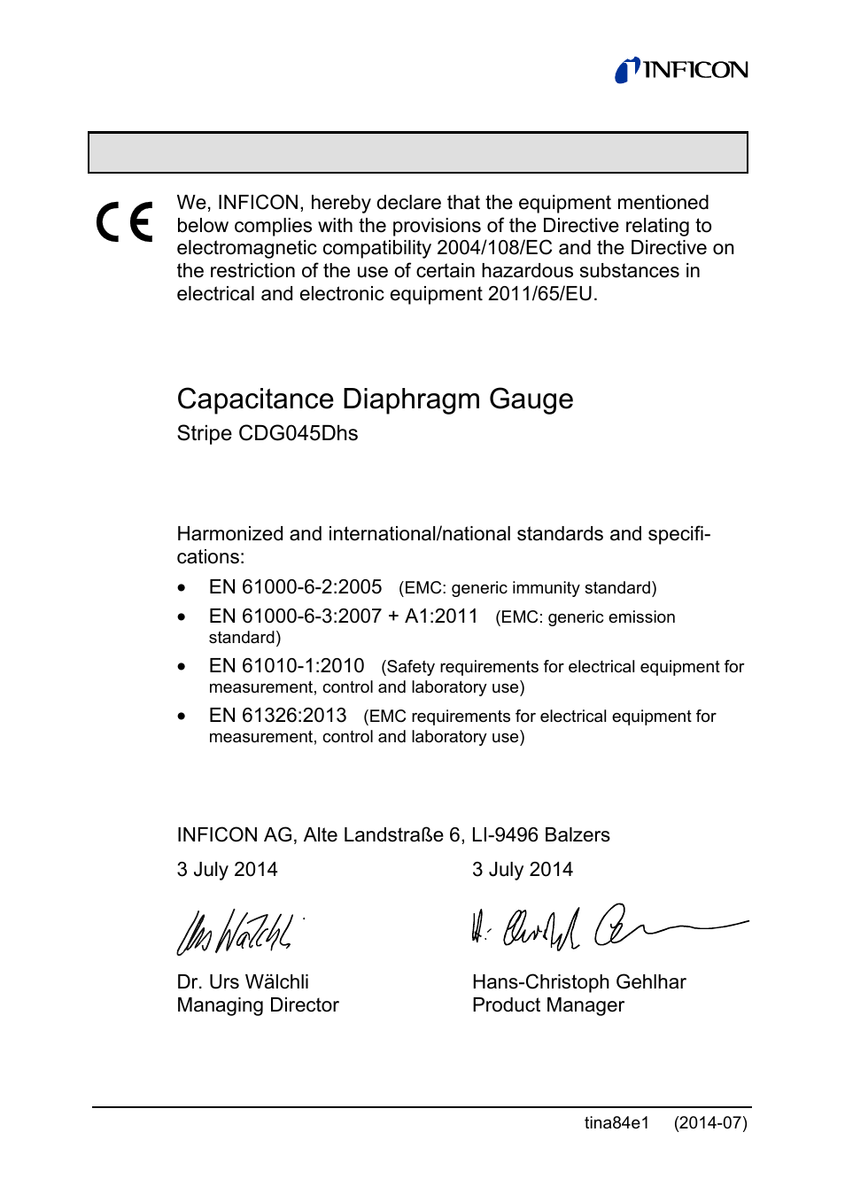 Ec declaration of conformity, Capacitance diaphragm gauge | INFICON Stripe CDG045Dhs 0.01 ... 1000Torr / mbar, new 10mTorr User Manual | Page 42 / 44