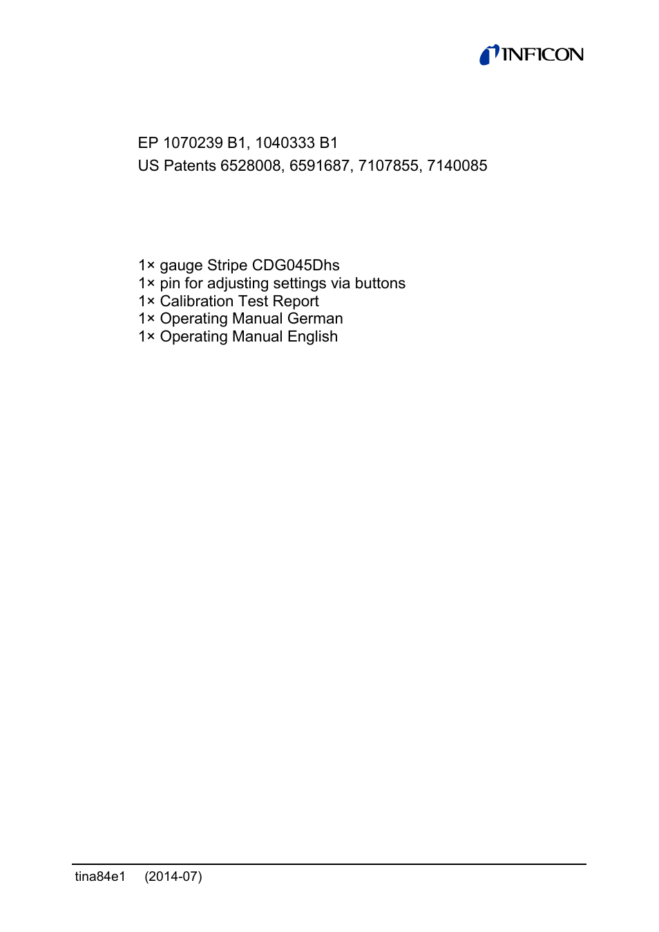 Patents, Scope of delivery | INFICON Stripe CDG045Dhs 0.01 ... 1000Torr / mbar, new 10mTorr User Manual | Page 5 / 44