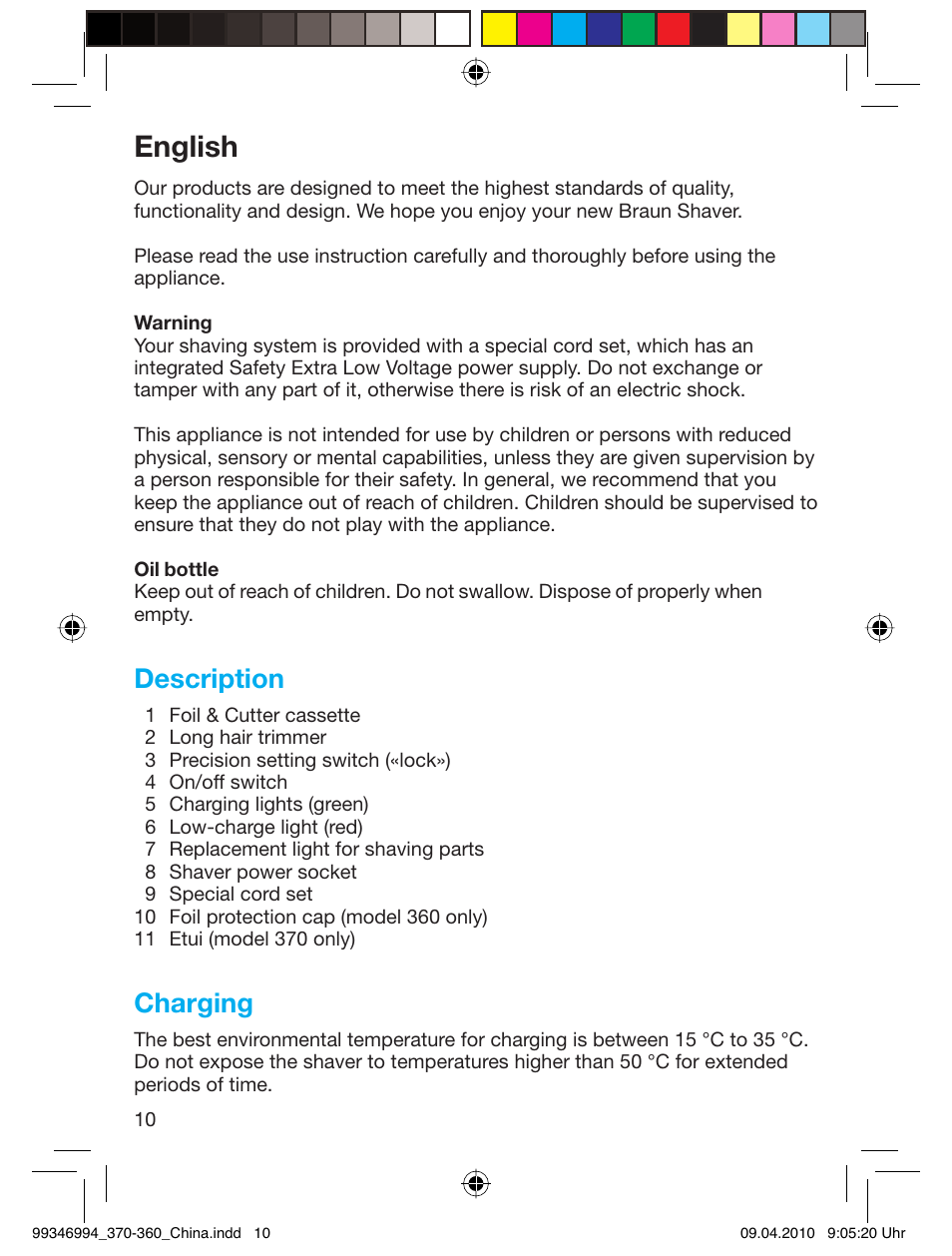 English, Description, Charging | Braun 5779 User Manual | Page 10 / 14