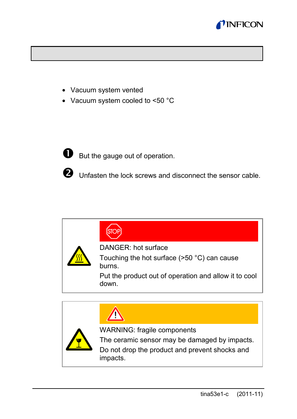 5 deinstallation, 1 power connection, 2 vacuum connection | INFICON SKY CDG160D 1 ... 1000 Torr / mbar User Manual | Page 34 / 44