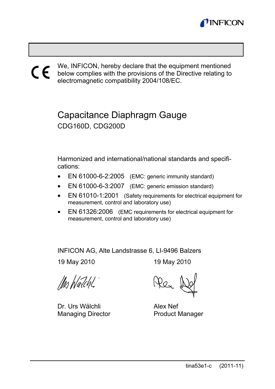 Ec declaration of conformity, Capacitance diaphragm gauge | INFICON SKY CDG160D 1 ... 1000 Torr / mbar User Manual | Page 42 / 44