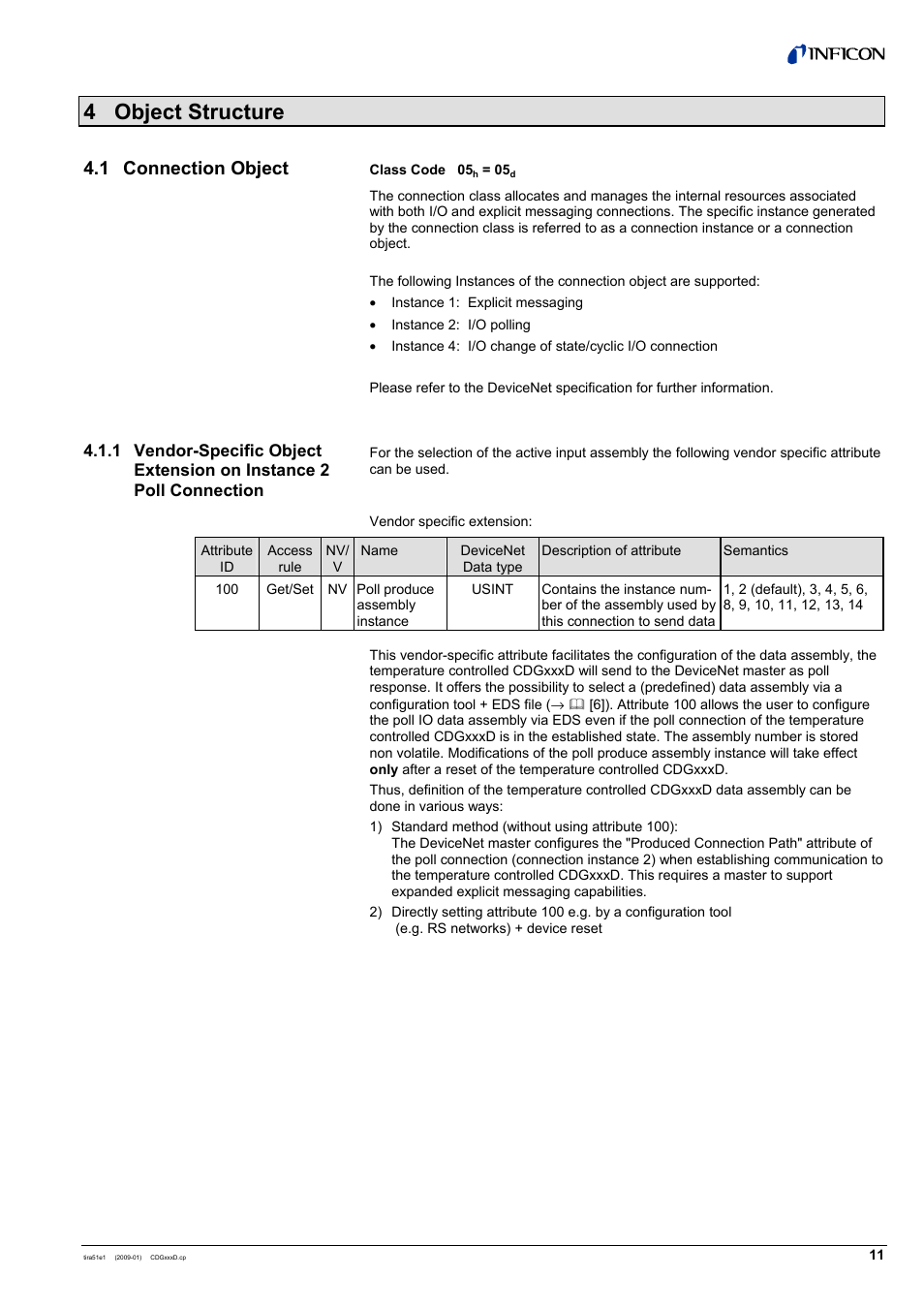 4 object structure, 1 connection object | INFICON SKY CDGxxxD (DeviceNet) User Manual | Page 11 / 36