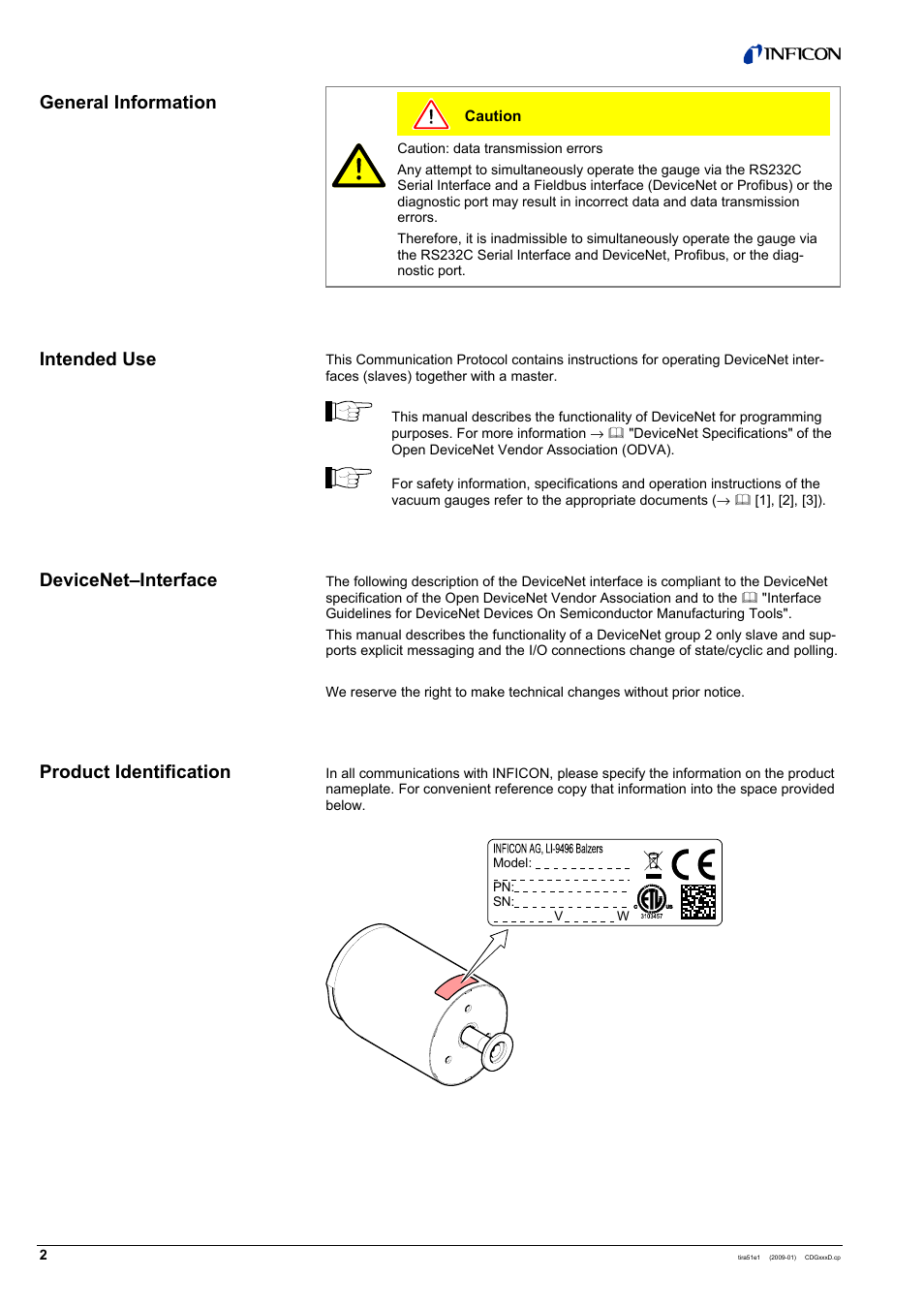 INFICON SKY CDGxxxD (DeviceNet) User Manual | Page 2 / 36