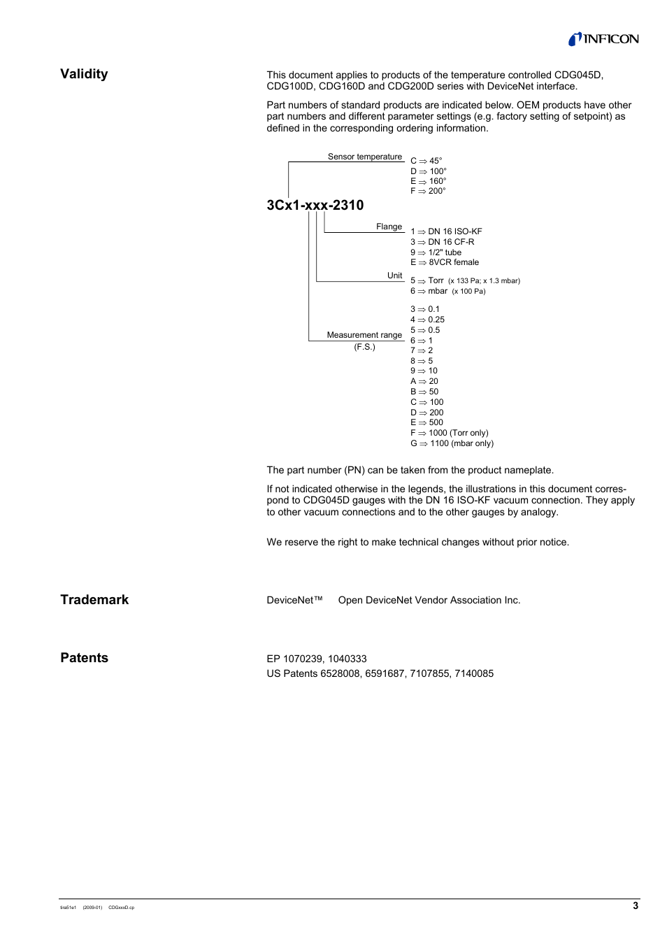Validity trademark patents | INFICON SKY CDGxxxD (DeviceNet) User Manual | Page 3 / 36