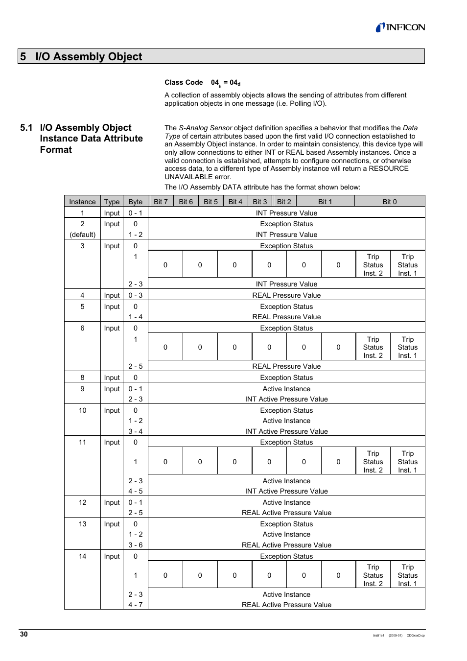 5 i/o assembly object | INFICON SKY CDGxxxD (DeviceNet) User Manual | Page 30 / 36